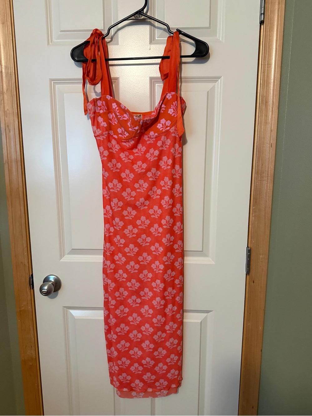Free People Tie-Shoulder Floral Midi Dress in Coral Pink